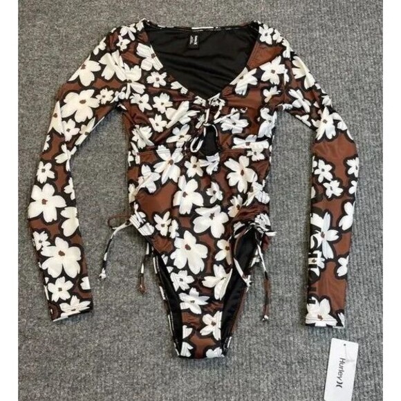 Hurley Women Small Brown Floral Long Sleeve One Piece Swimsuit Surf Rash Guard - Picture 1 of 10